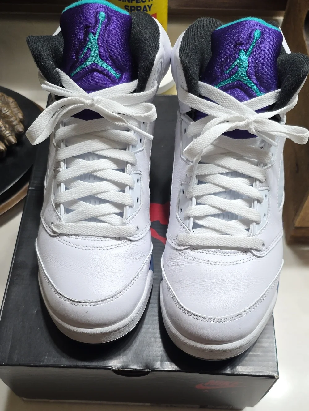 JORDAN RETRO 5    White Basketball Sneakers with Purple & Teal Accents